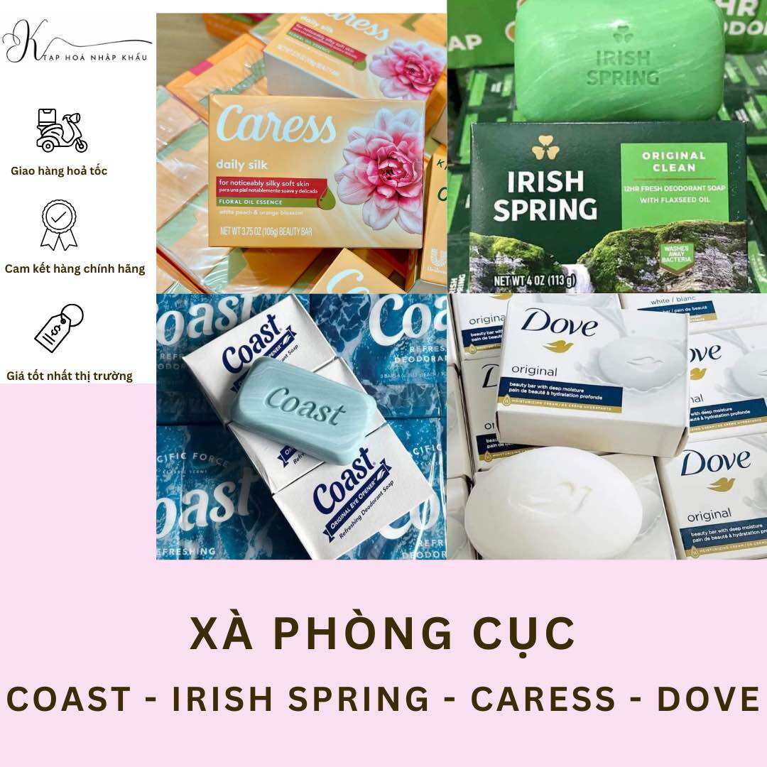 Xà phòng cục coast 113g, irish spring 113g, dove 106g, caress 106g