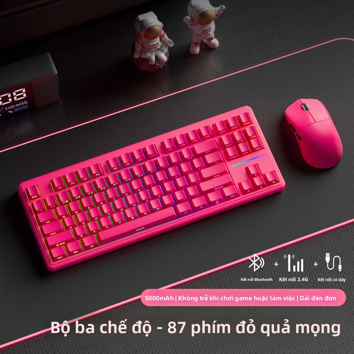 EWEADN | Bộ bàn phím & chuột chơi game + V80 (màu đỏ quả mọng ba chế độ) + X23 (hồng dâu) + full-key