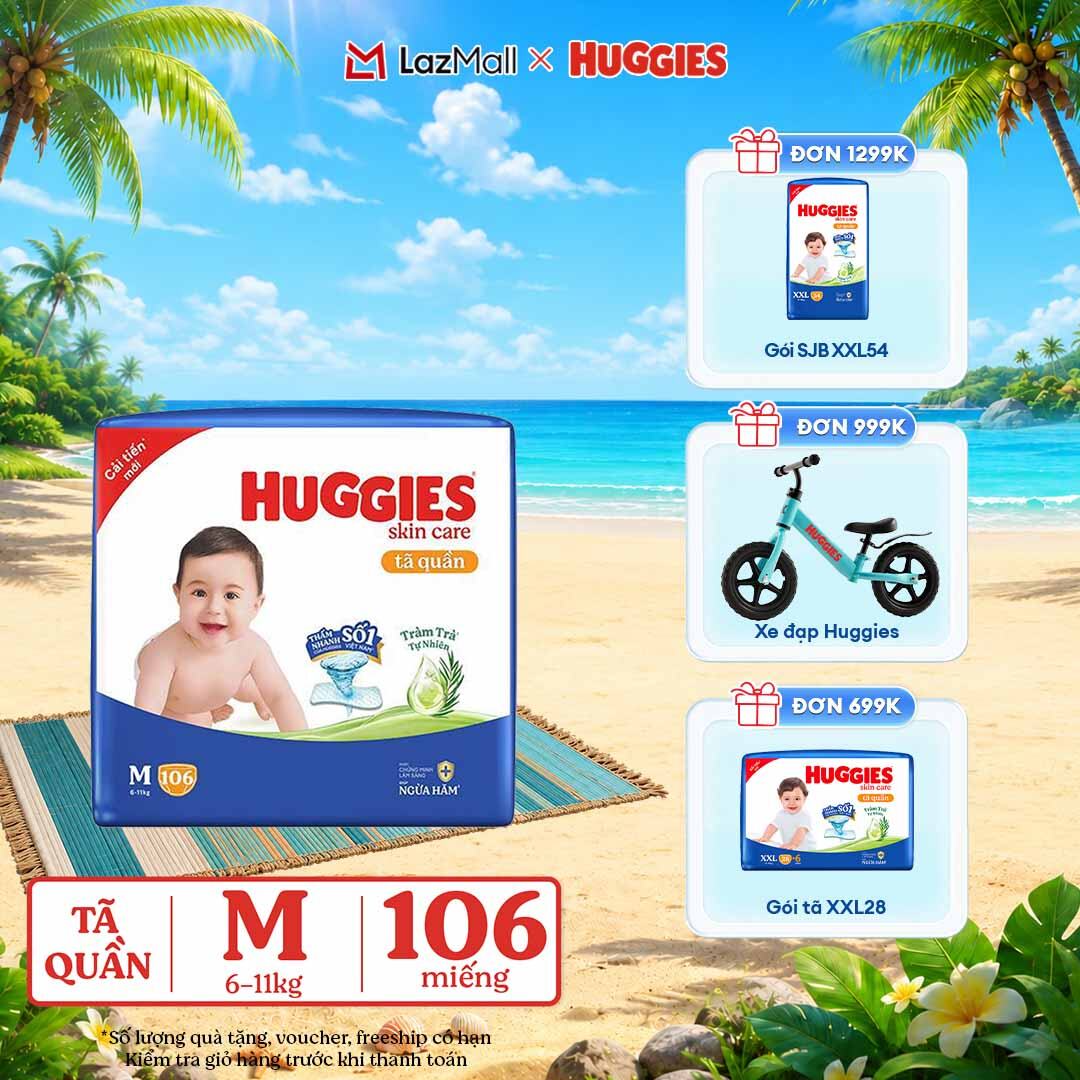 [Chỉ 25-29.06 GIẢM THÊM 90K]  Gói Tã/bỉm quần HUGGIES SKINCARE MEGA JUMBO size M 102+4 miếng