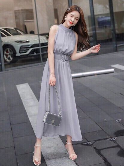 Đầm maxi cổ yếm eo chun kèm belt