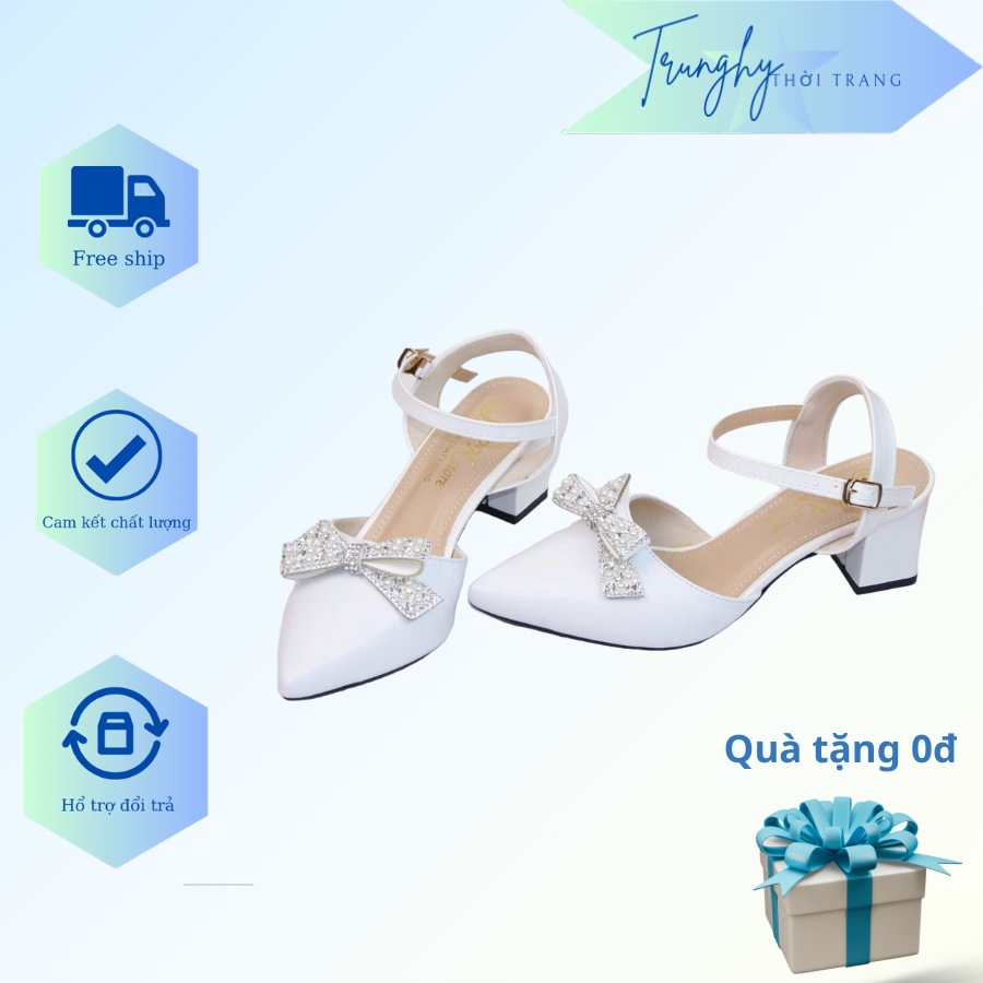Giày cao gót bít mũi, giày sandal đế vuông 5p đính nơ đá