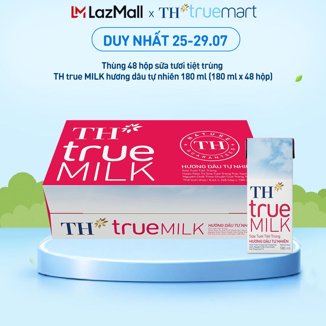 Thùng 48 hộp sữa tươi tiệt trùng TH true MILK hương dâu tự nhiên 180 ml (180 ml x 48)