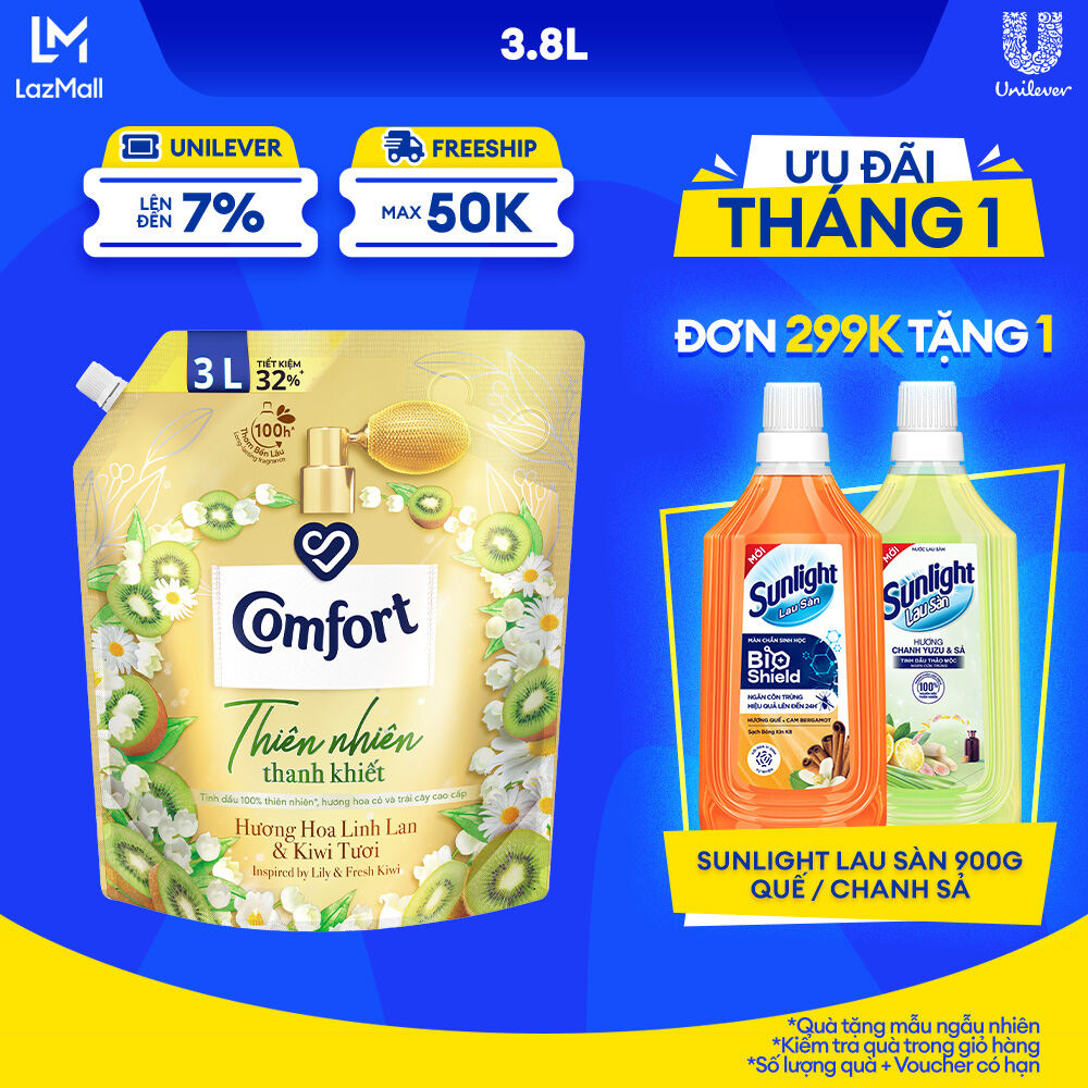 Nước Xả Vải Comfort Thiên Nhiên Thanh Khiết Hương Hoa Linh Lan & Kiwi Tươi 3.0L