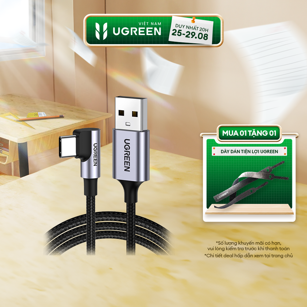 Cáp sạc USB A sang Type C Ugreen US284 Đầu vuông góc 90 độ vỏ bện | Sạc nhanh cho Samsung Oppo Xiaomi Huawei Vivo,... | Tốc độ truyền 480Mbps | Bảo Hành 1 đổi 1 18 Tháng | 60782 50940 50941 50942 70255