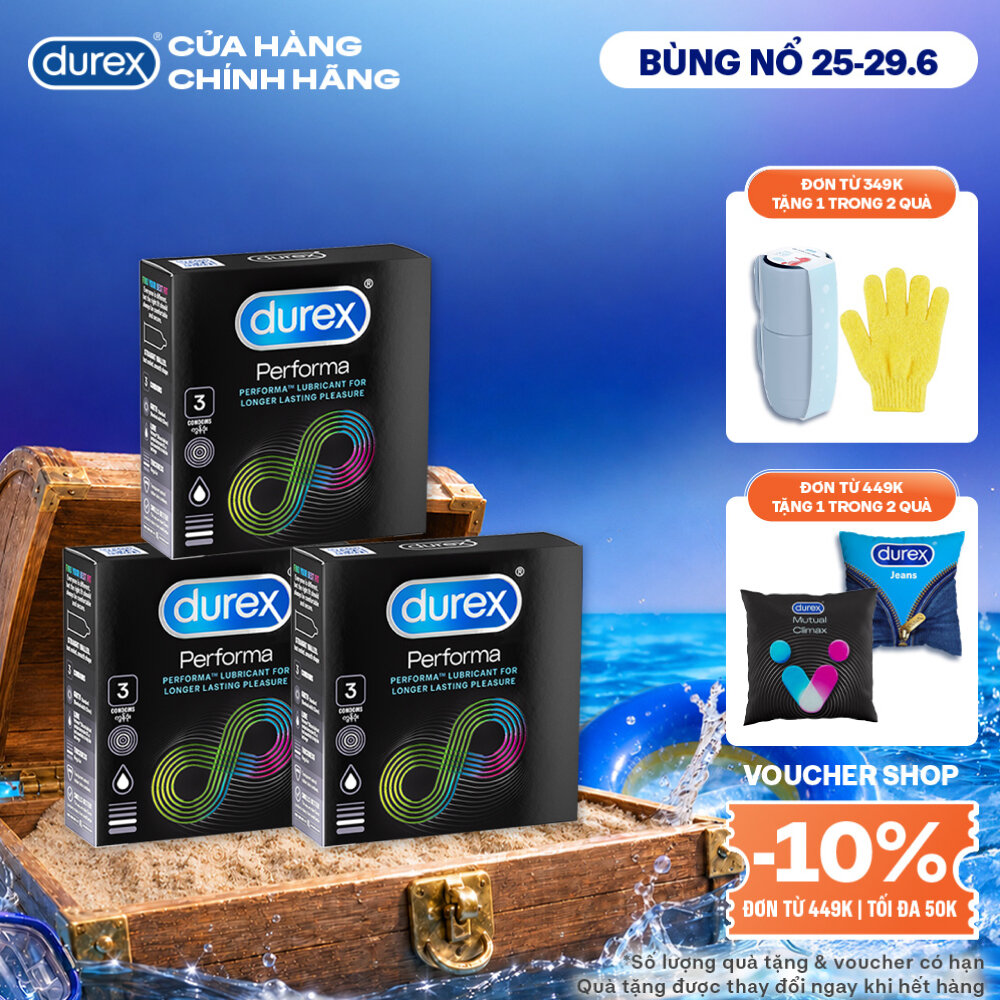 Bộ 3 hộp bao cao su Durex Performa kéo dài thời gian, size 52mm, 3 bao/hộp