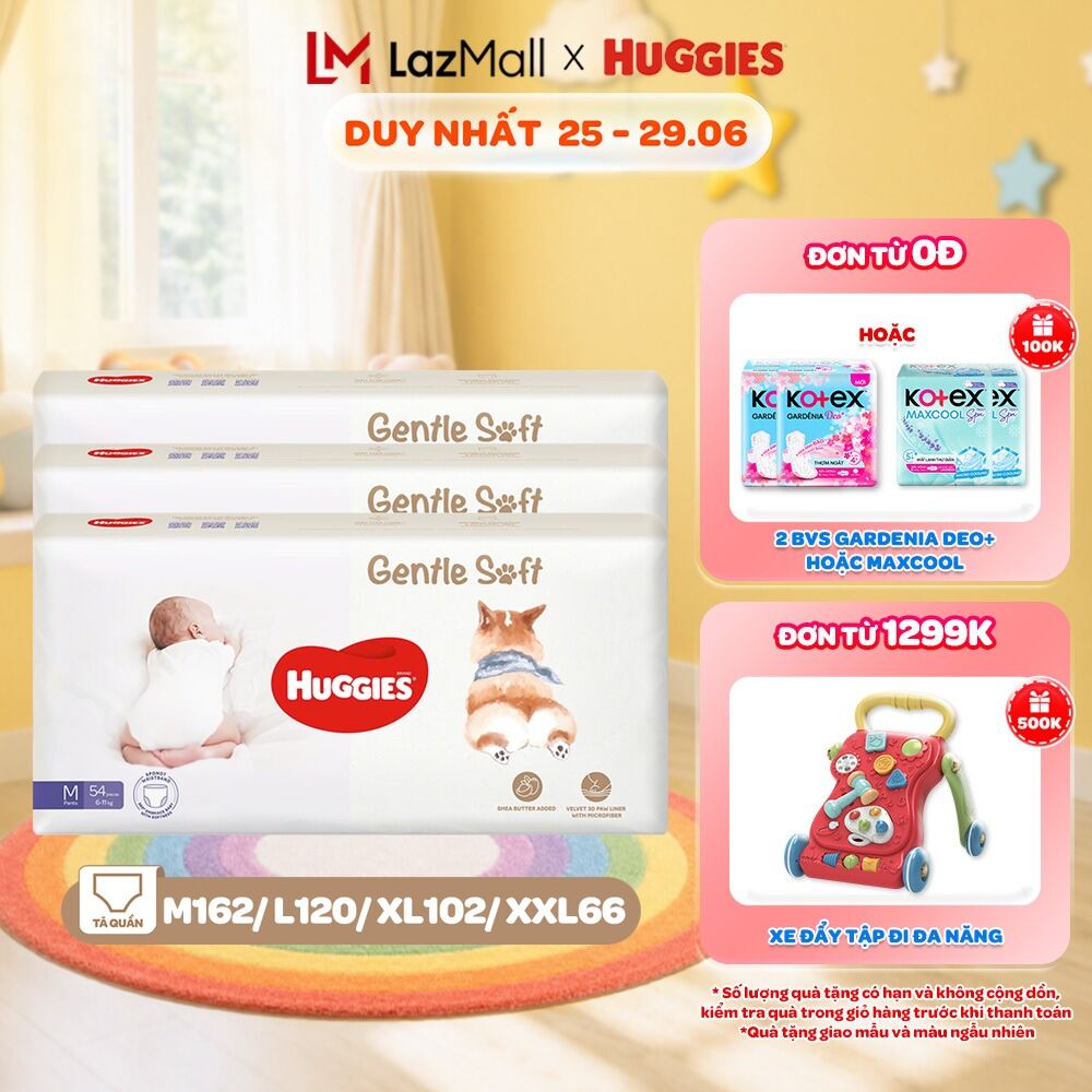 Combo 3 Tã quần Huggies Gentle Soft - Corgi M54/L40/XL34/XXL22 miếng êm mềm nâng niu làn da bé
