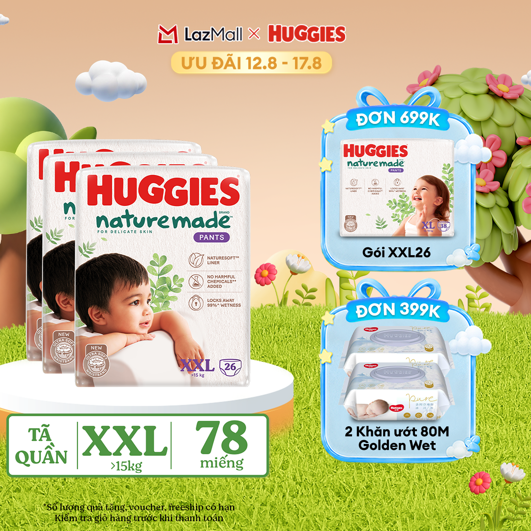 [12-17.08 QUÀ TẶNG ĐƠN 399K]  Combo 3 Tã/Bỉm quần HUGGIES PLATINUM NatureMade XXL26 (Trên 15kg)-Gói Jumbo 26 miếng