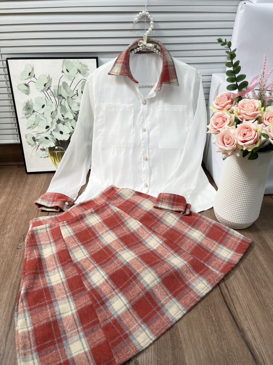 Sét áo somi phối chân váy dáng A xinh (ảnh chụp thật của shop)