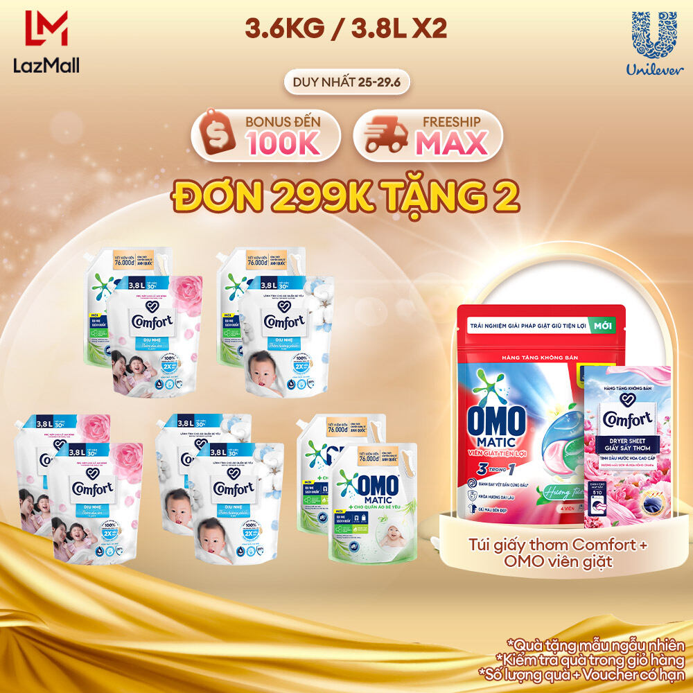 Bộ đôi COMBO giặt xả dành cho da nhạy cảm/bé yêu COMFORT OMO 3.8L/3.6kg