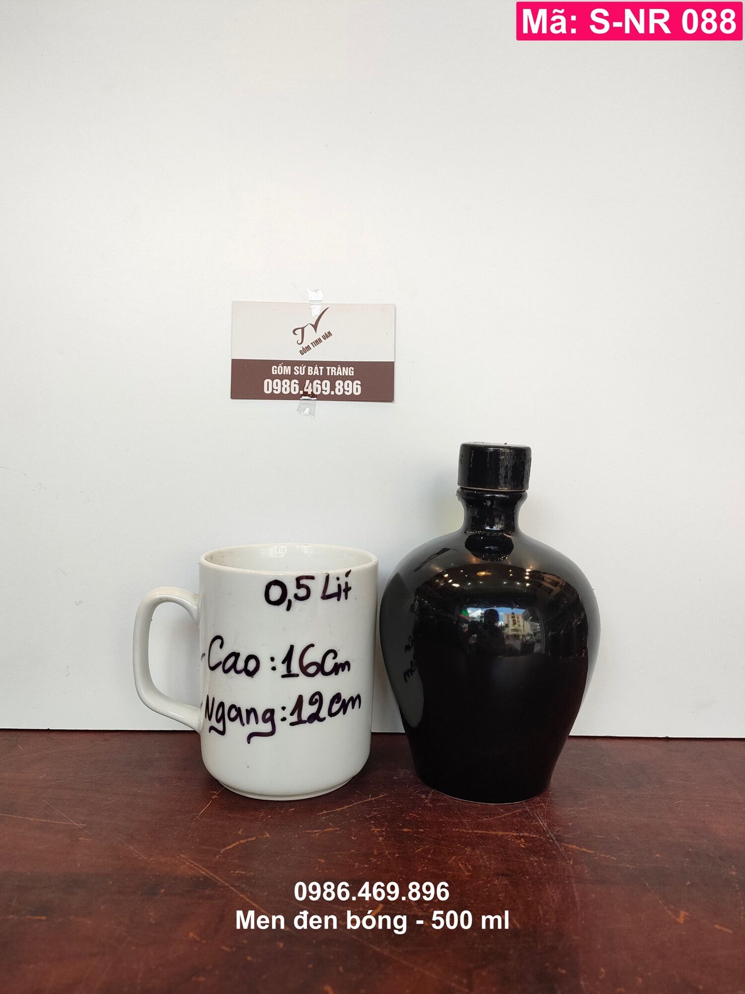 Nậm rượu, mã s-nr088, men đen bóng, 500ml, bình hồ lô rượu, gốm sứ bát tràng