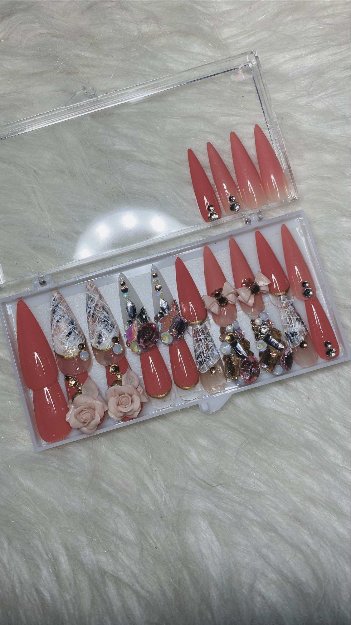 Nail box thiết kế hoa bột đính đá - 24 móng up đính đá cao cấp