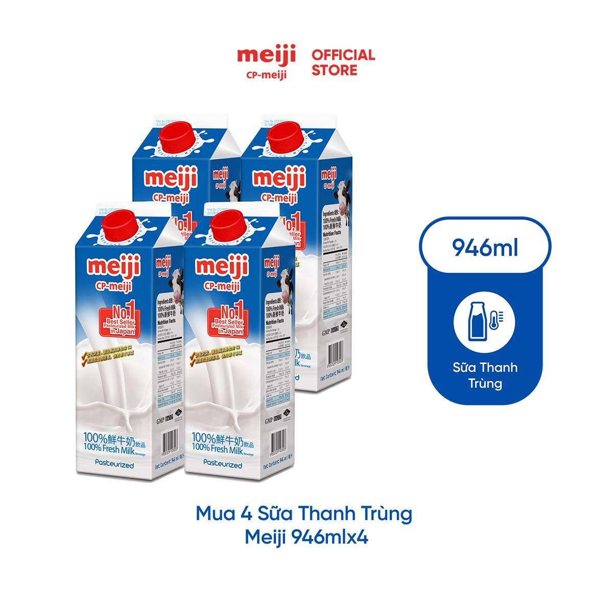 Sữa tươi thanh trùng Meiji nguyên chất 946ml - Combo 4 hộp