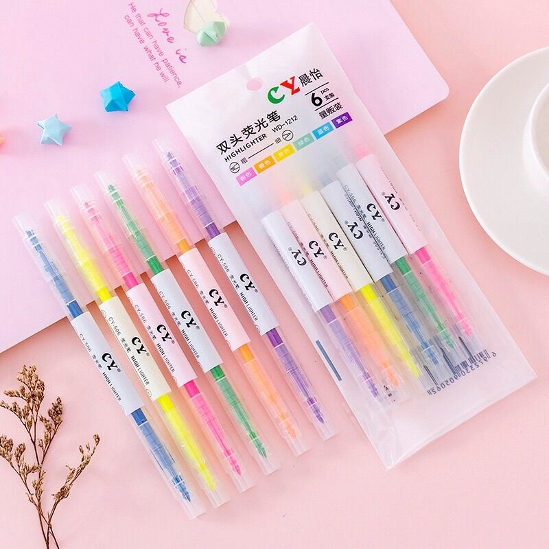Combo 6 bút màu bút highlight bút dạ quang bút đánh dấu bút nhớ dòng bút màu 2 đầu cy