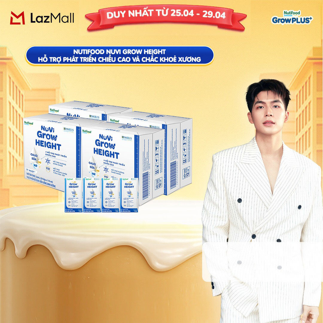 Combo 4 Thùng 24 hộp Sữa Nước Pha Sẵn Nuvi Grow Height + hỗ trợ phát triển chiều cao hộp 110ml - Trên 1 tuổi