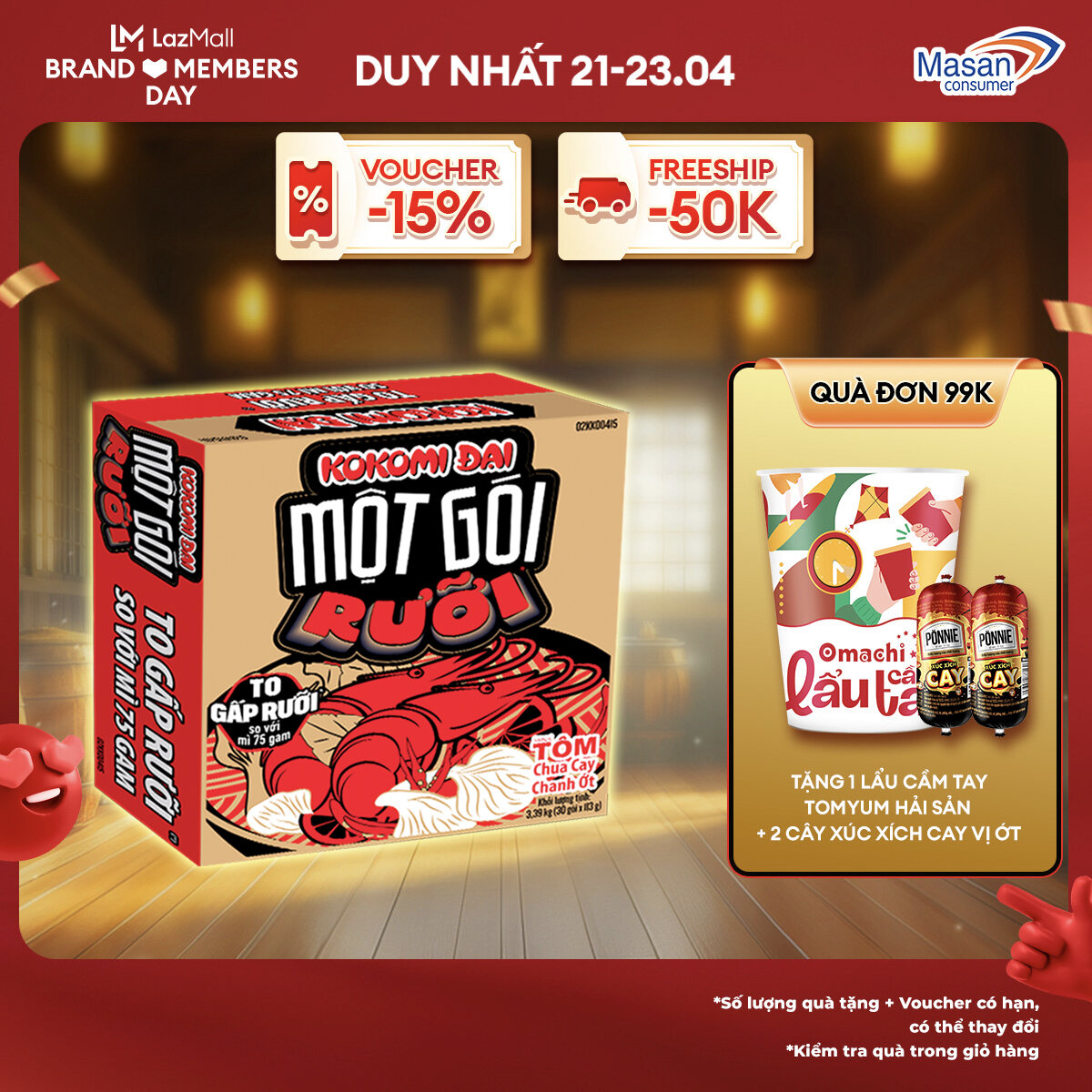 [15-17.4 Voucher 18% CHO ĐƠN TỪ 199k]Mì Kokomi Đại Một Gói Rưỡi Tôm Chua Cay Chanh Ớt - Thùng 30 Gói x 113g