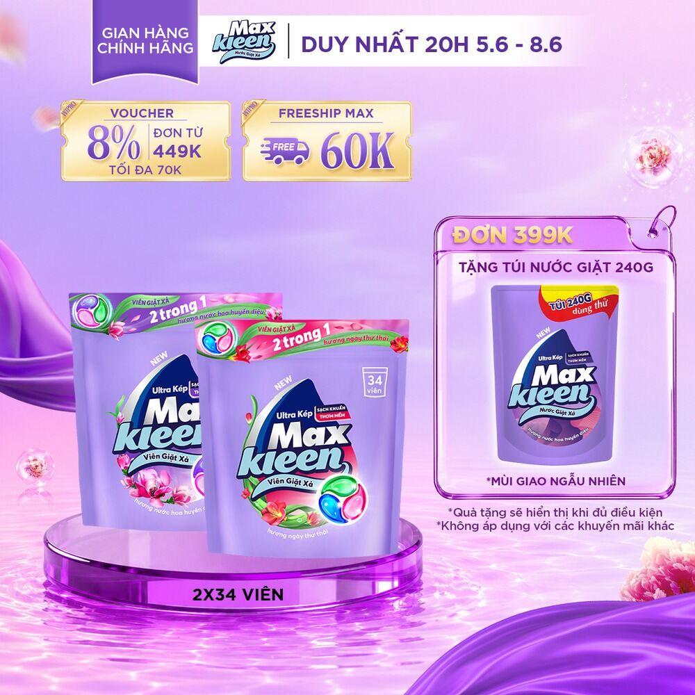 Combo Túi Viên Giặt Xả MaxKleen hương Ngày Thư Thái + Hương Hoa Huyền Diệu (34 viên/ túi)