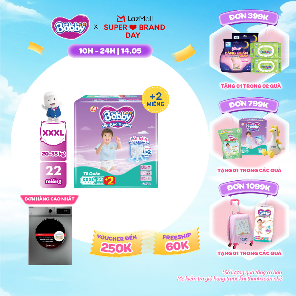 [SALE GIỮA THÁNG tặng QUÀ TO-SLCH][Số miếng tặng thay đổi tùy đợt nhập hàng] Tã/bỉm quần Bobby 3mm Jumbo Gạo non Giảm nhiệt XXXL22