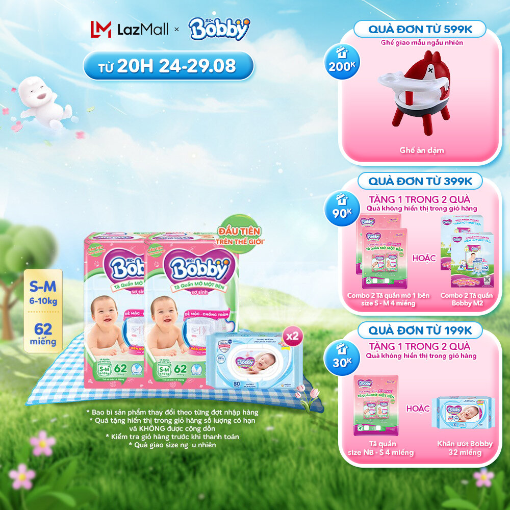 Combo 2 tã/bỉm quần mở một bên bobby size s-m 62 miếng