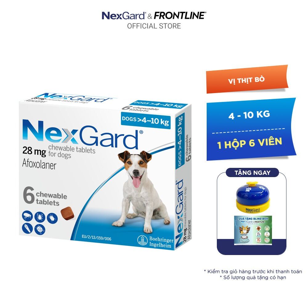 NexGard - Viên nhai phòng & trị ve, rận, bọ chét, ghẻ demodex, sarcoptes dành cho chó size M (4-10kg) - 1 hộp 6 viên