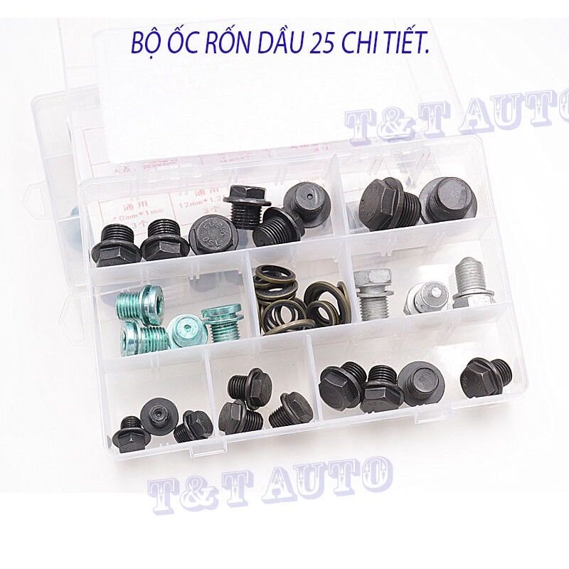 Bộ ốc rốn dầu, ốc xả nhớt ô tô các loại gồm 25 chi tiết.