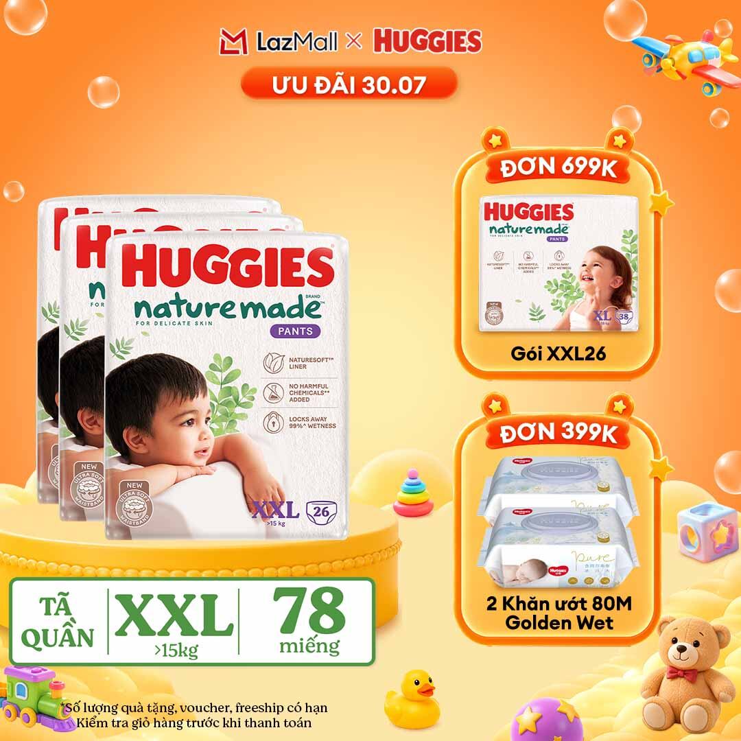 [30.7 QUÀ TẶNG ĐƠN 399K]  Combo 3 Tã/Bỉm quần HUGGIES PLATINUM NatureMade XXL26 (Trên 15kg)-Gói Jumbo 26 miếng