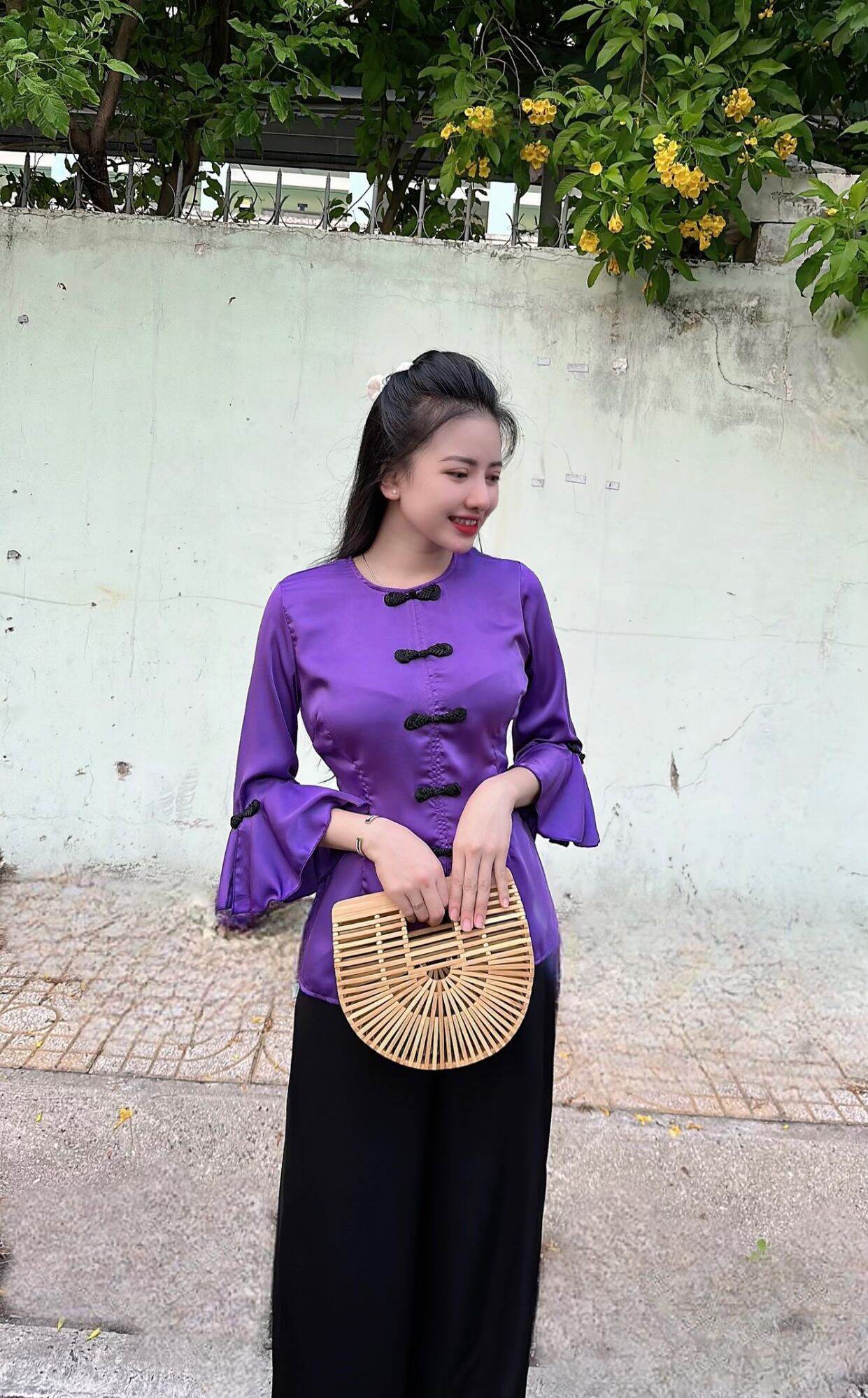 Sét lam tay loa lụa ngọc trai cao cấp - đồ lam đi chùa nử