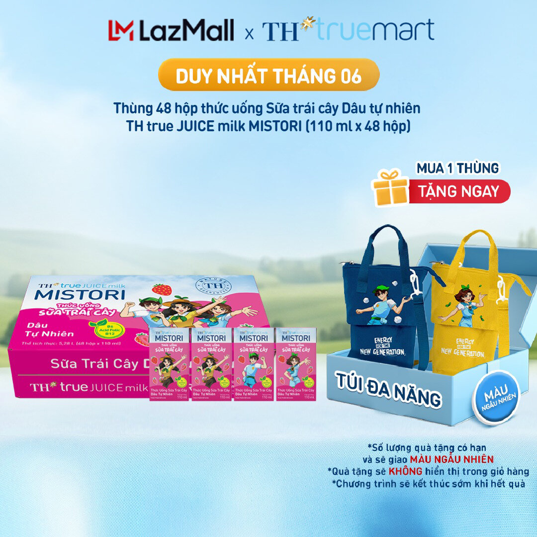 Thùng 48 hộp thức uống Sữa trái cây TH true JUICE milk MISTORI Dâu tự nhiên 110 ml x 48 hộp