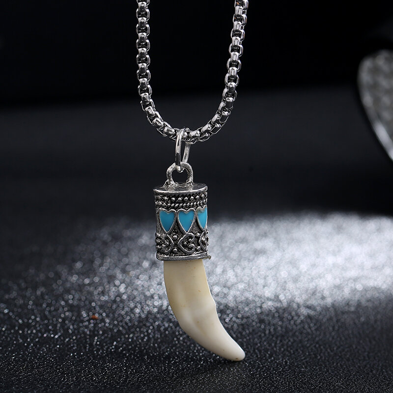 Wolf Tooth Pendant Titanium Steel Necklaces Tibetan Silver Inlaid Tooth Socket Really Tibetan Mastiff Black Dog's Teeth Men Ward off Evil Spirits Zodiac Year of Birth-Music of the Tide Ornament
