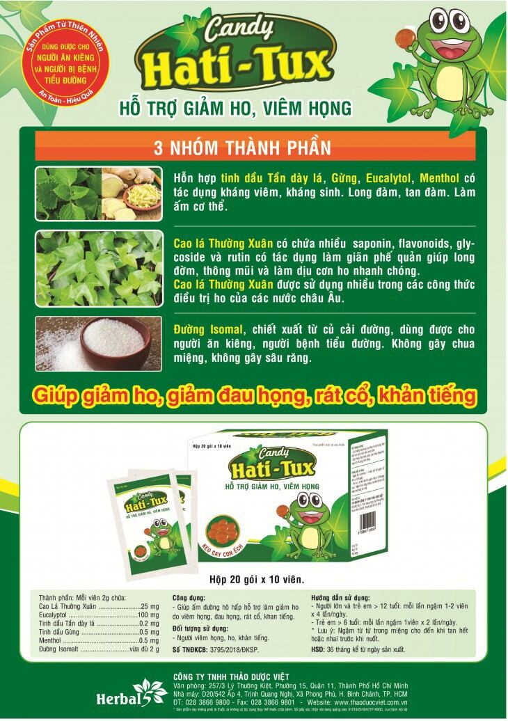 Kẹo Ho Hatitux - Giảm Ho, Viêm Họng (Hộp 20gói x 10viên)