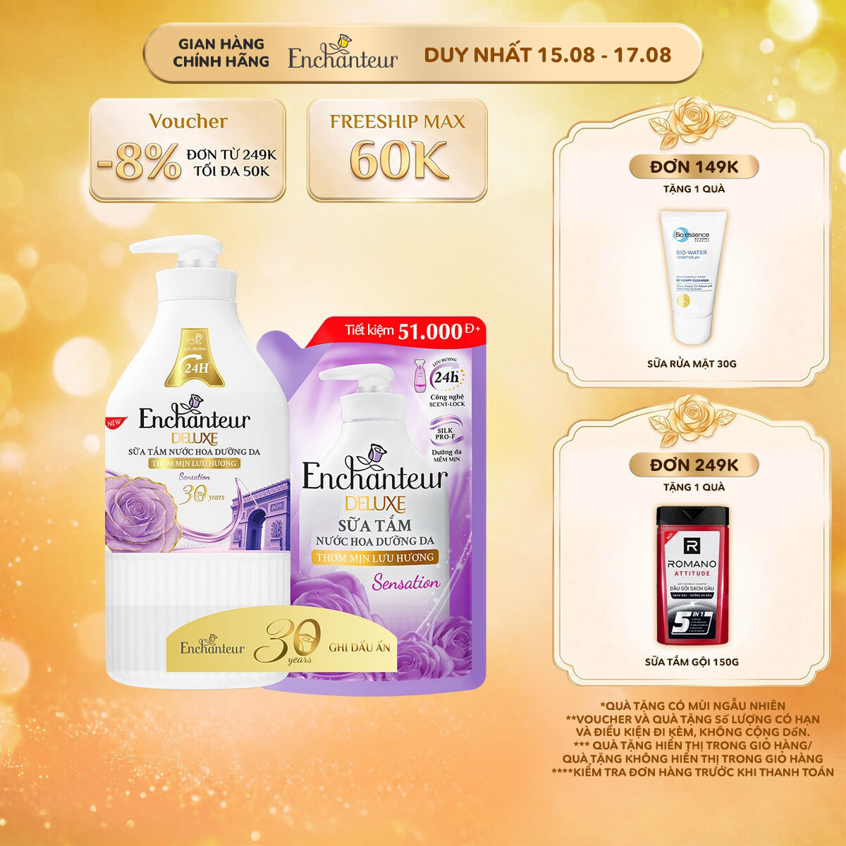 Sữa tắm Enchanteur Charming/ Sensation chai 900g + Tặng túi sữa tắm 450g