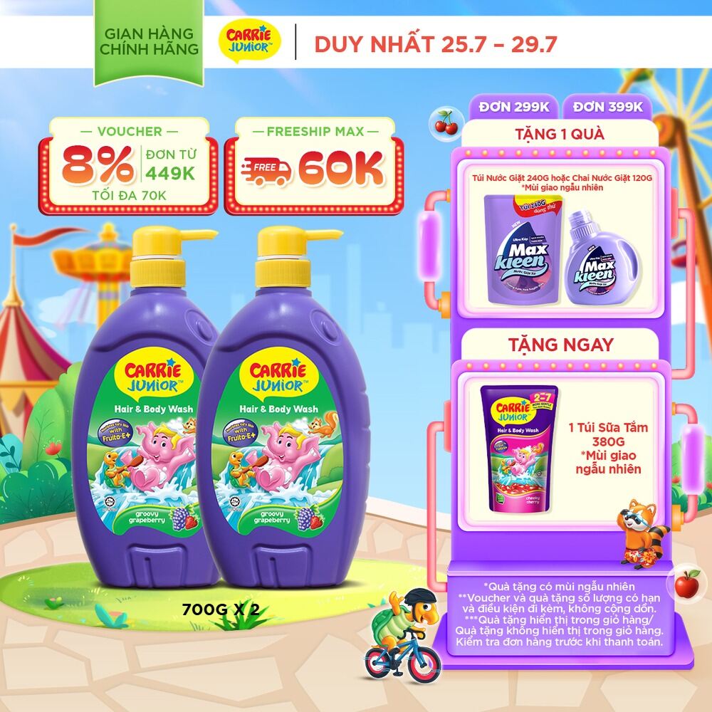 Combo 2 Sữa Tắm Gội cho bé Carrie Junior chiết xuất trái cây thiên nhiên Hương Grapeberry (700g/chai)