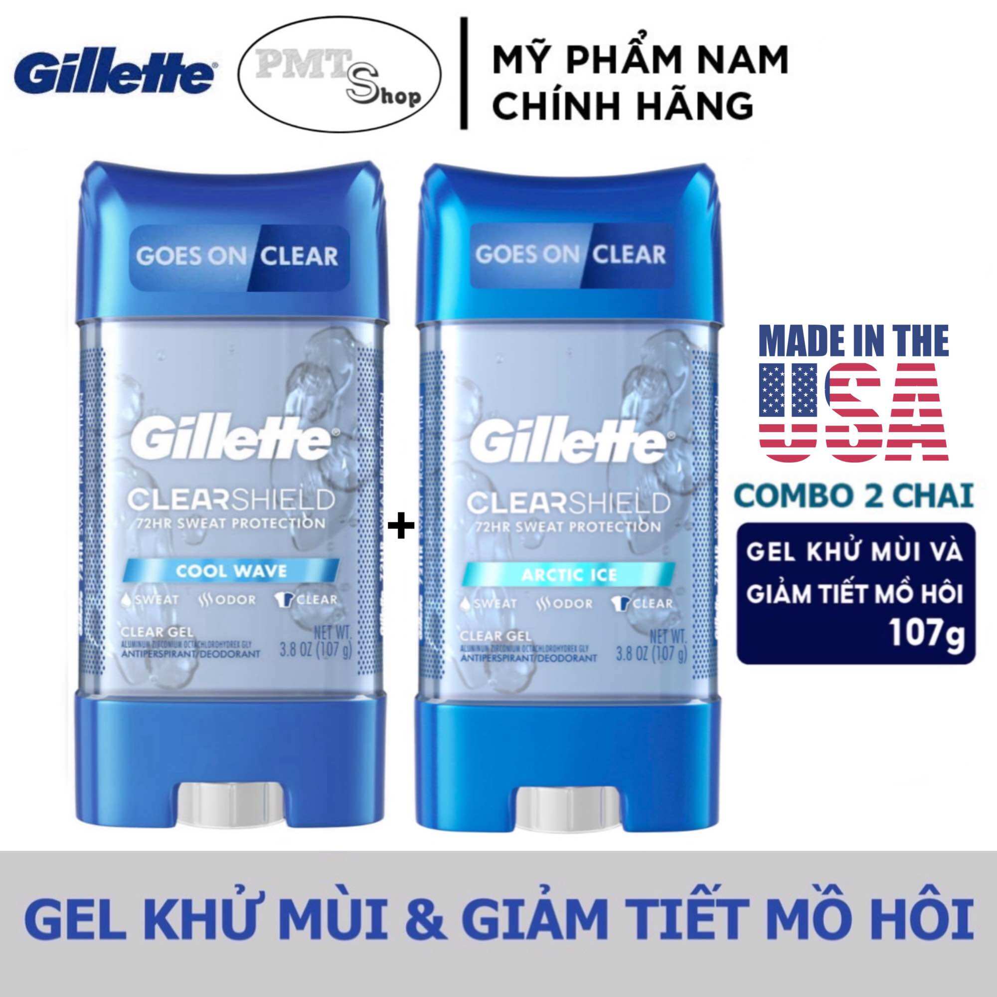 (NK Mỹ) Combo 2 Lăn khử mùi Gillette Clear Shield Gel 107g Cool Wave Arctic Ice