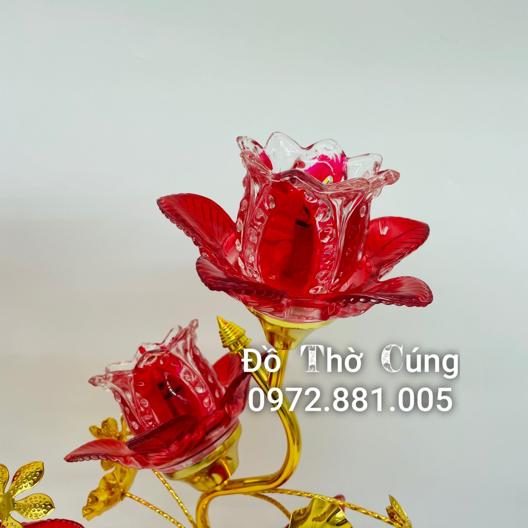 Đèn thờ thủy tinh 3 bông sen màu đỏ