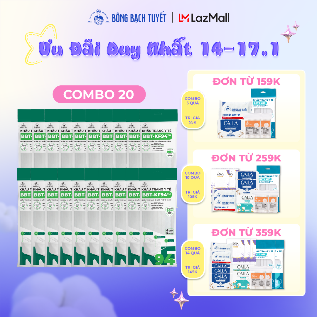 Combo 20 Gói khẩu trang Bông Bạch Tuyết KF94 Trắng (10 cái/gói)