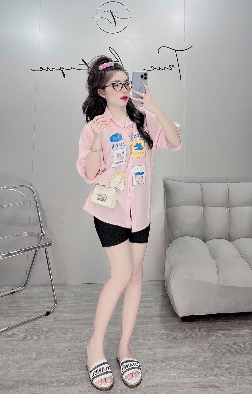 Set áo.sơmi in hoạt hình kèm quần legging ngố - lửng