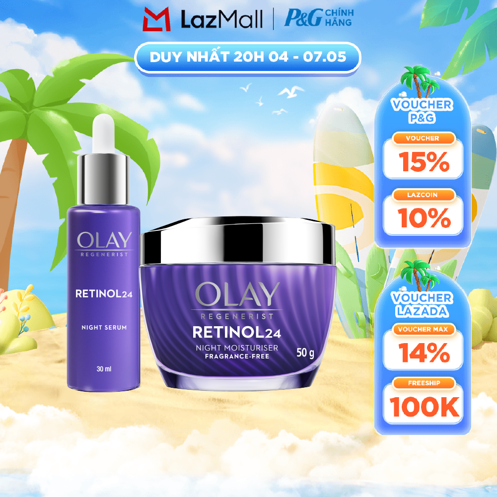 Combo Kem Dưỡng Ban Đêm OLAY RETINOL24 Giúp Giữ Nét Tươi Trẻ Cho Da  Mờ Nếp Nhăn Hũ 50G + Serum OLAY RETINOL24 Giúp Giữ Nét Tươi Trẻ Cho Da  Mờ Nếp Nhăn Chai 30ML
