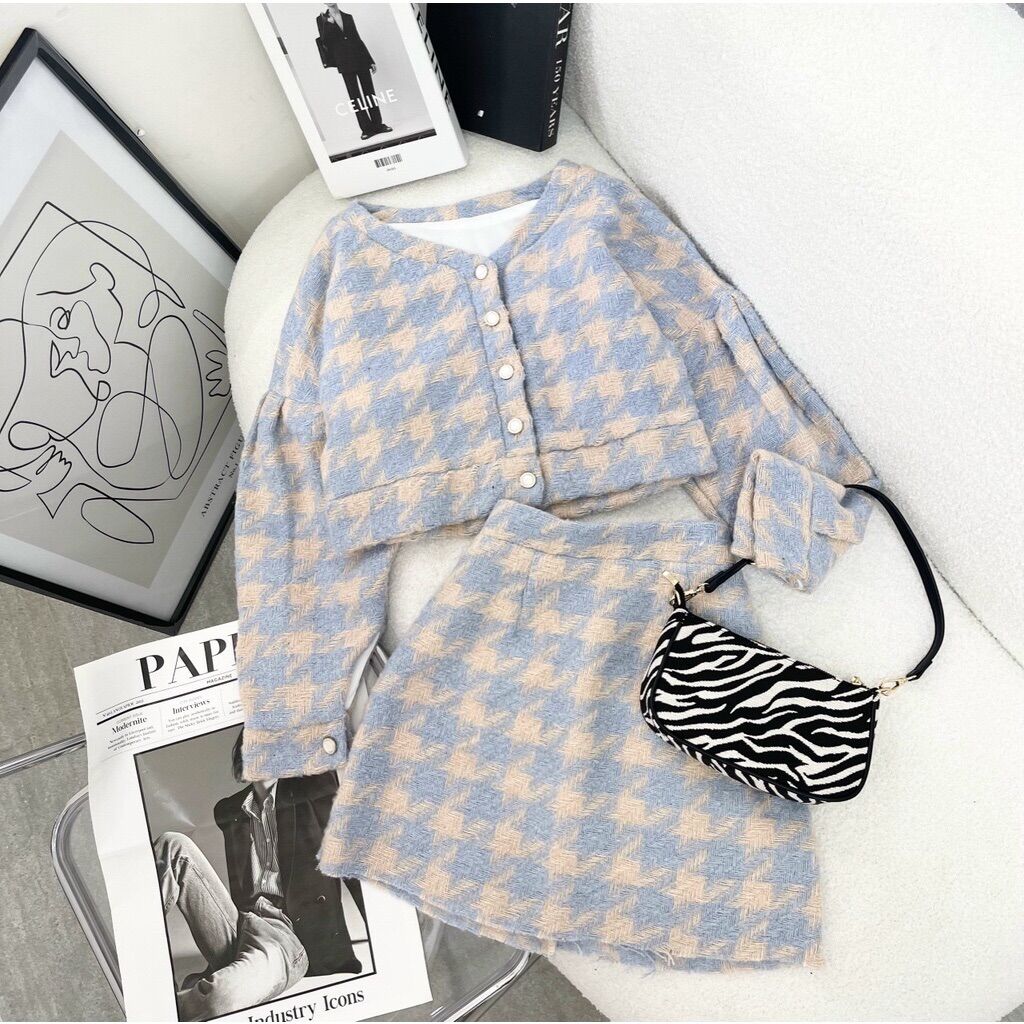 Set dạ lông thỏ kẻ caro xanh siêu hot