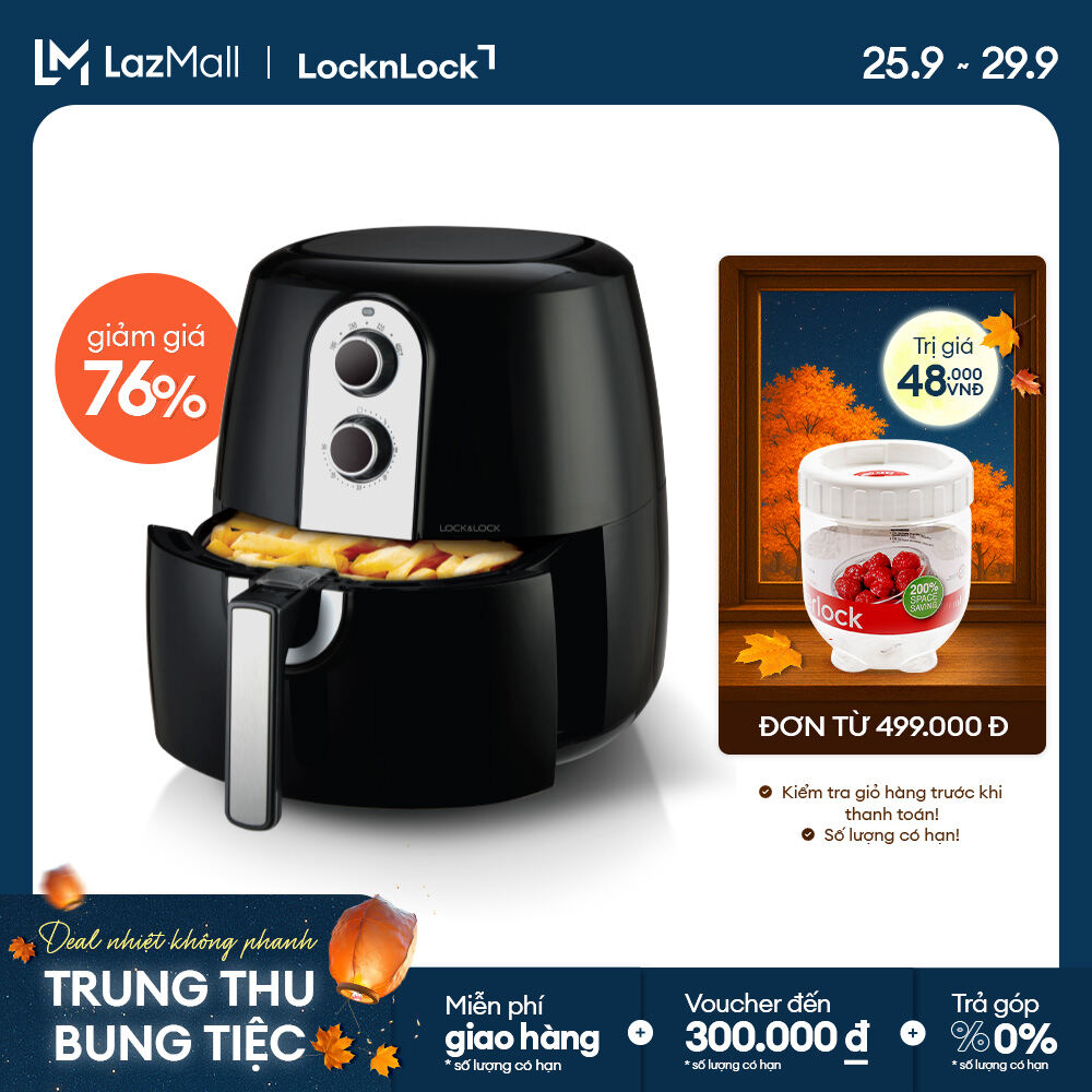 EJF151BLK Nồi chiên không dầu LocknLock Eco Fryer dung tích 5,2L, nút cơ - Màu đen