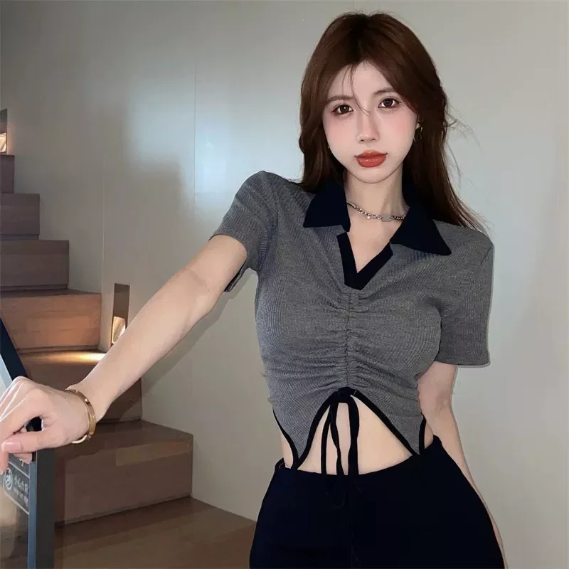 ÁO CROPTOP RÚT DÂY PHỐI 2 MÀU XÁM ĐEN RDV097