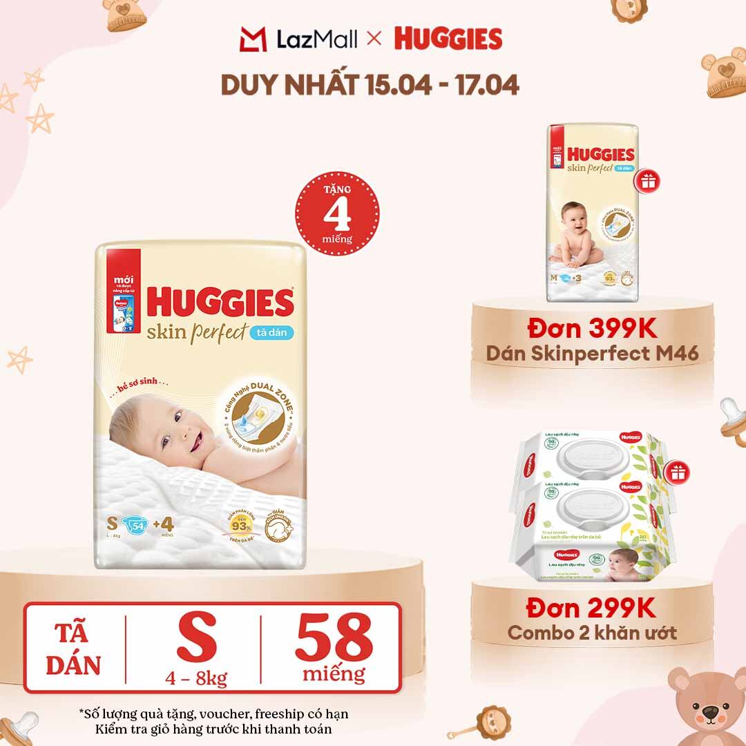 [CHỈ 18-24.04 QUÀ TẶNG ĐƠN 0Đ]  Tã/bỉm dán sơ sinh Huggies Skin Perfect S 54 miếng với 2 vùng thấm giảm kích ứng da