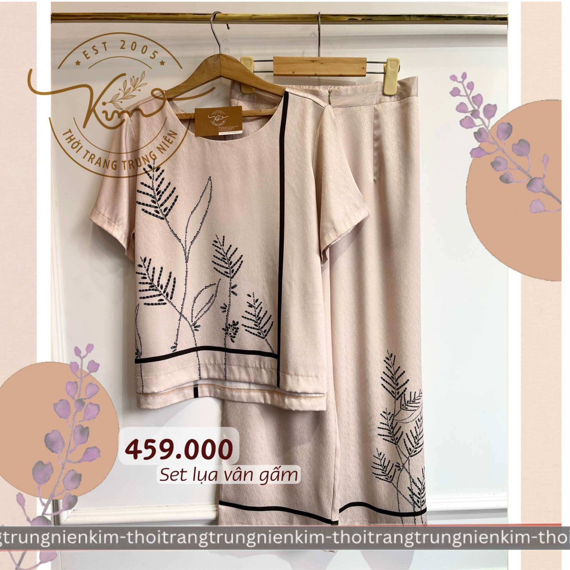 Sét bộ lụa vân gấm trung niên cao cấp họa tiết đơn giản sang trọng Bigsize quần dài 90cm