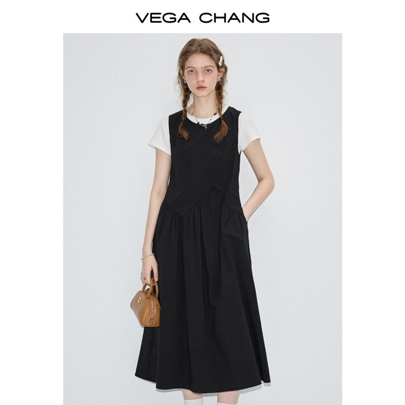 Váy Dài Chữ a Màu Đen Thanh Lịch VEGA CHANG Mùa Hè 2025 Váy Vest Nữ Thiết Kế Mới Áo Khoác Dài Cổ Trò