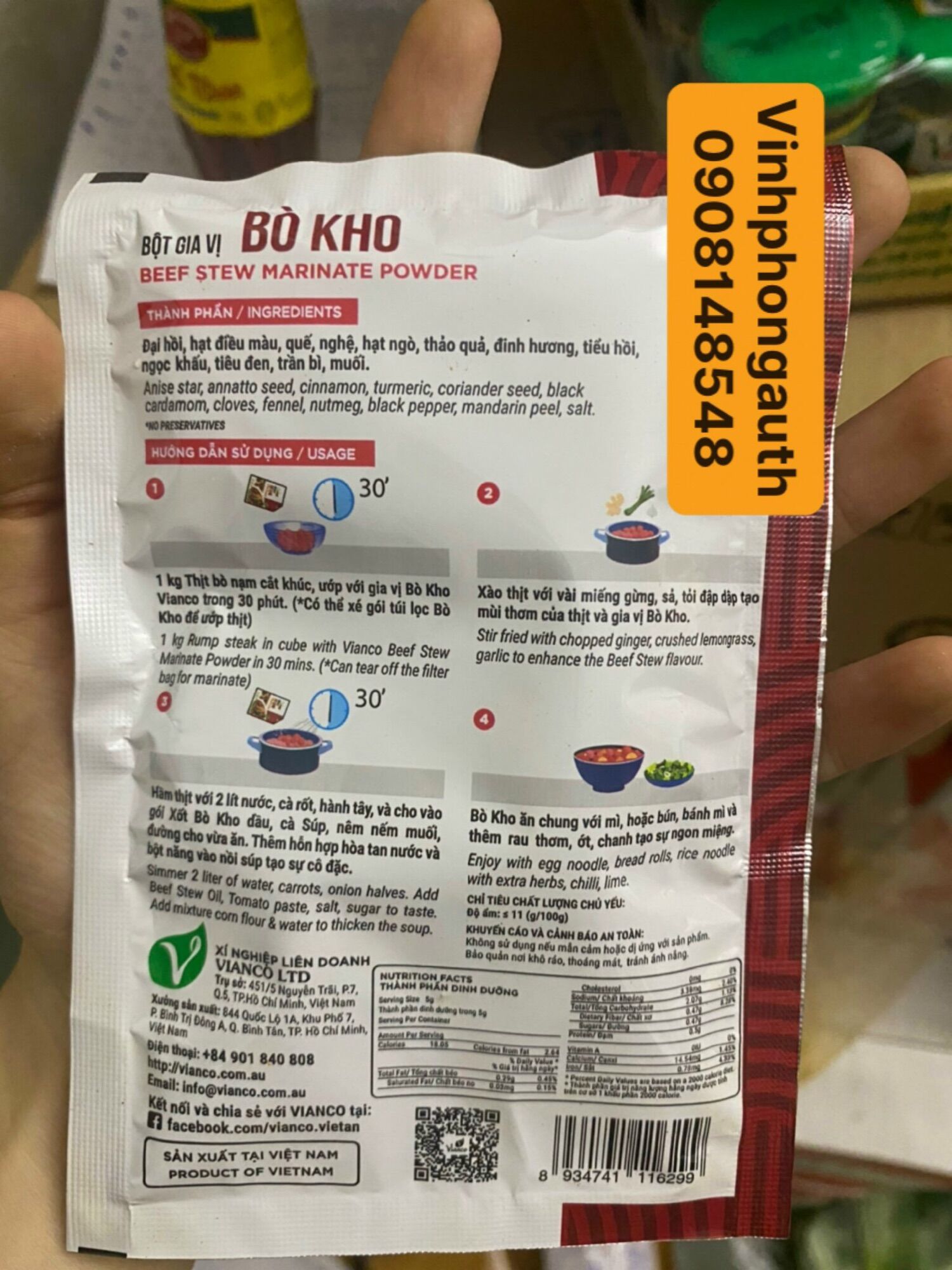 Bột Gia Vị Bò Kho Vianco 18gr