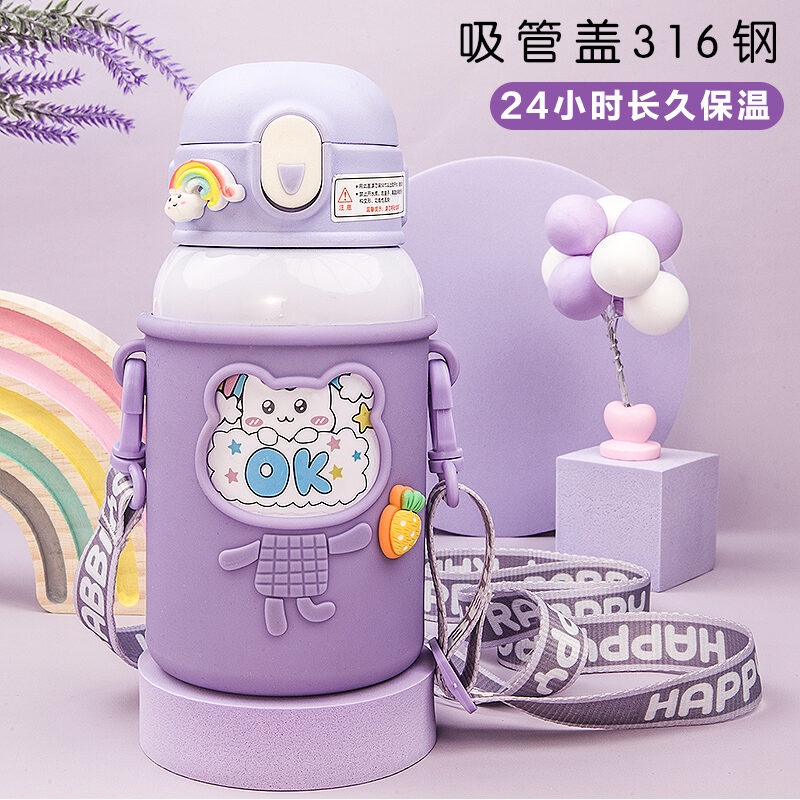 Cốc Giữ Nhiệt Trẻ Em Bằng Thép 316 Có Nắp Ống Hút Bình Nước Cầm Tay Chống