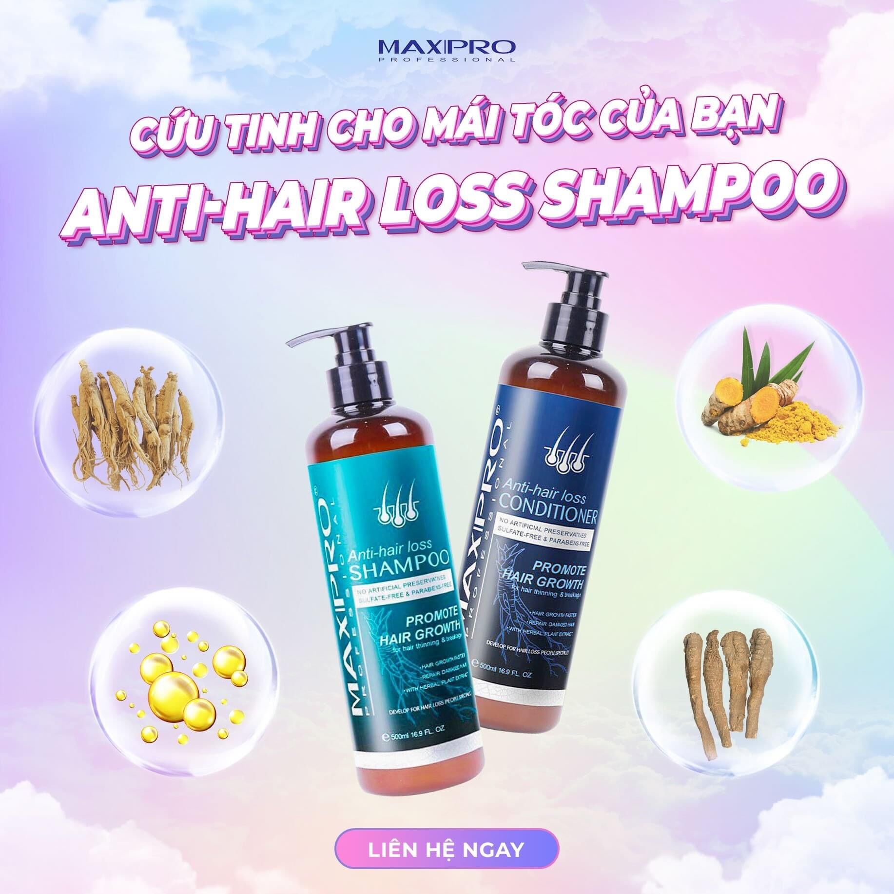 Dầu gội cặp , dầu gội dầu xả thảo dược giảm gãy rụng , kích thích mọc tóc , phục hồi tóc hư tổn , gàu , rụng Maxipro Professional Anti - hair loss 500ml/chai