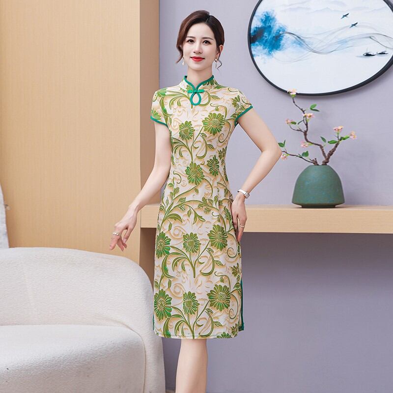 Đầm Sườn Xám Nữ Cổ Điển In Hoa Thanh Lịch, Tay Ngắn, Gợi Cảm, Dự Tiệc, Phong Cách Trung Hoa, Hanfu Dành Cho Người Lớn