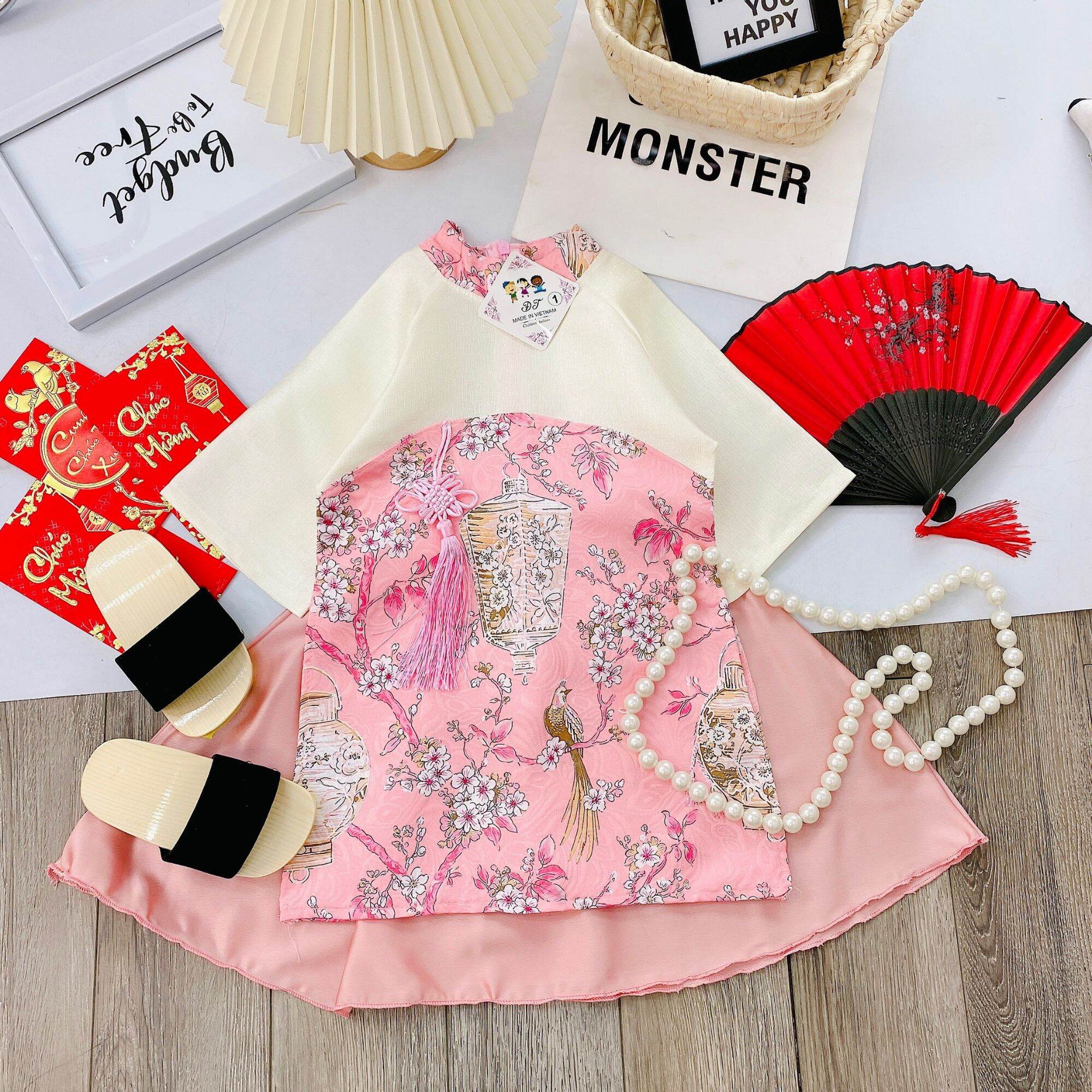 U1-Set áo dài cách tân gấm lụa bé gái 9-20kg
