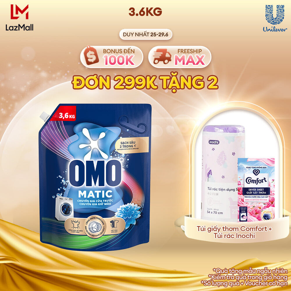 Nước giặt OMO Matic chuyên dụng Cửa Trước Bền Màu với tinh chất Lựu Tre 3.6kg
