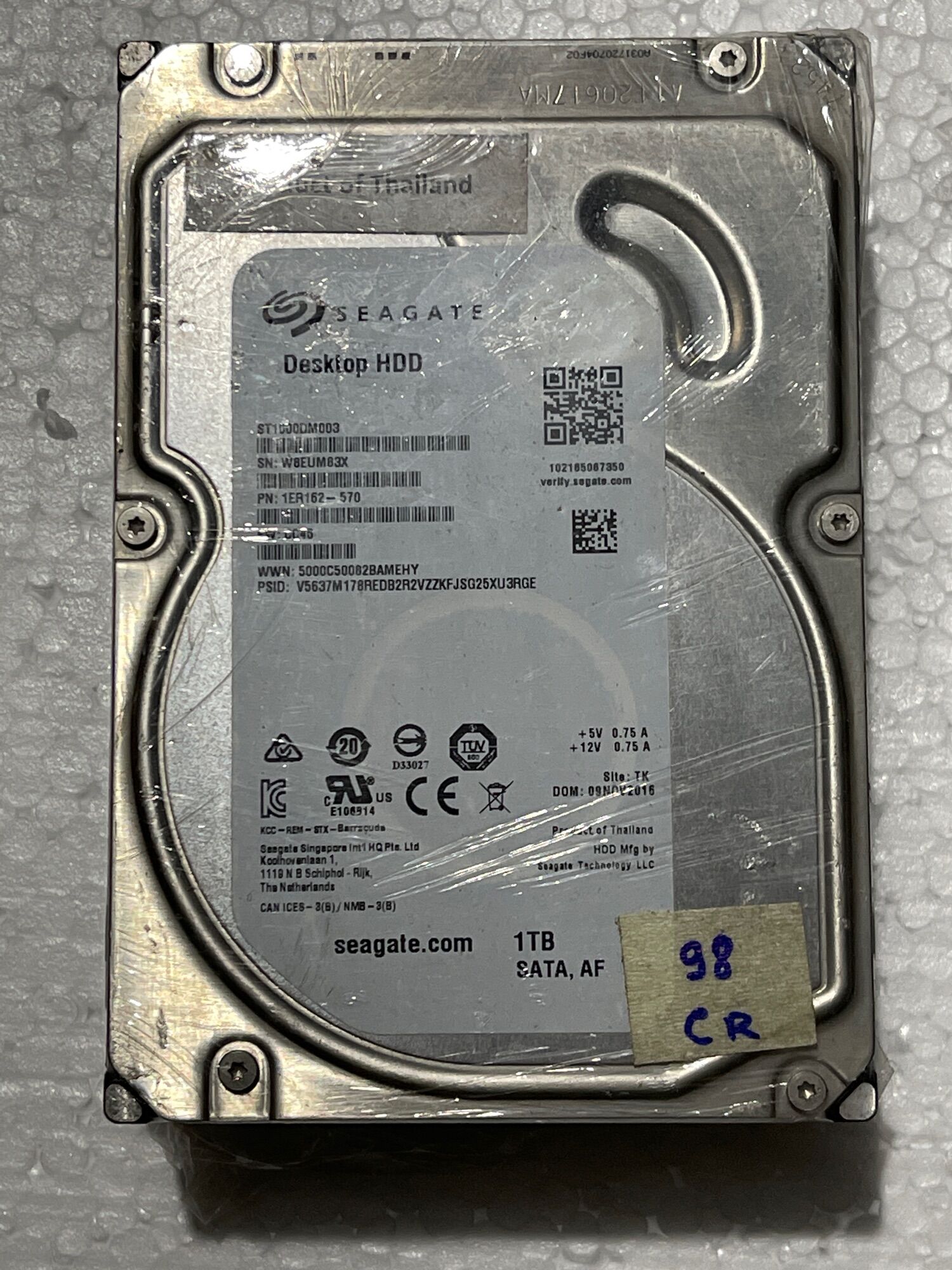 Ổ cứng HDD SATA 1TB ST3100033ASAS 1000.2 GB, dung lượng 1TB, tốc độ quay 7200 RPM, dung lượng bộ nhớ đệm 48MB, giao diện SATA/300, hỗ trợ ATA-6, nhiệt độ hoạt động 36°C, trạng thái cảnh báo.