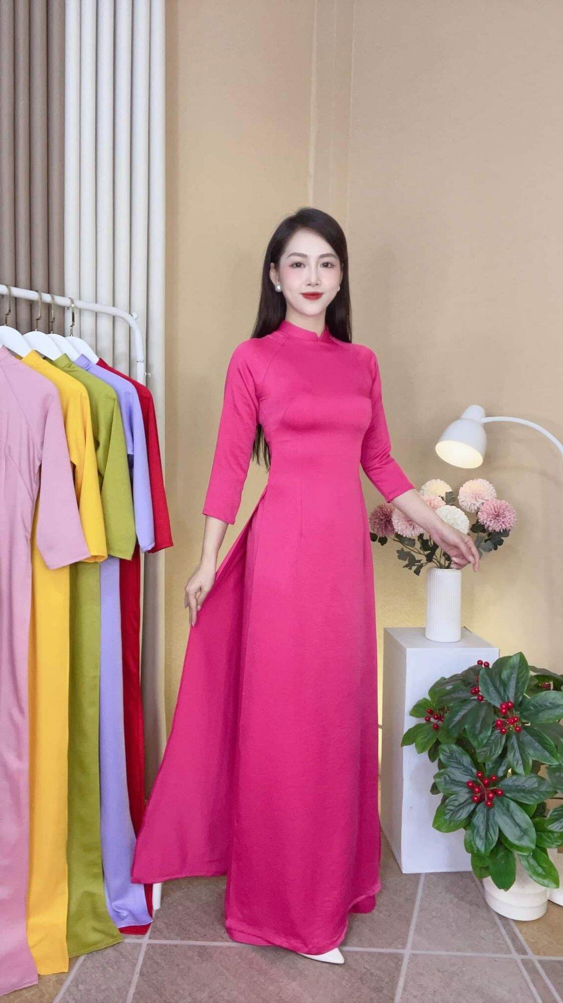 áo dài trơn may sẵn hồng sen
